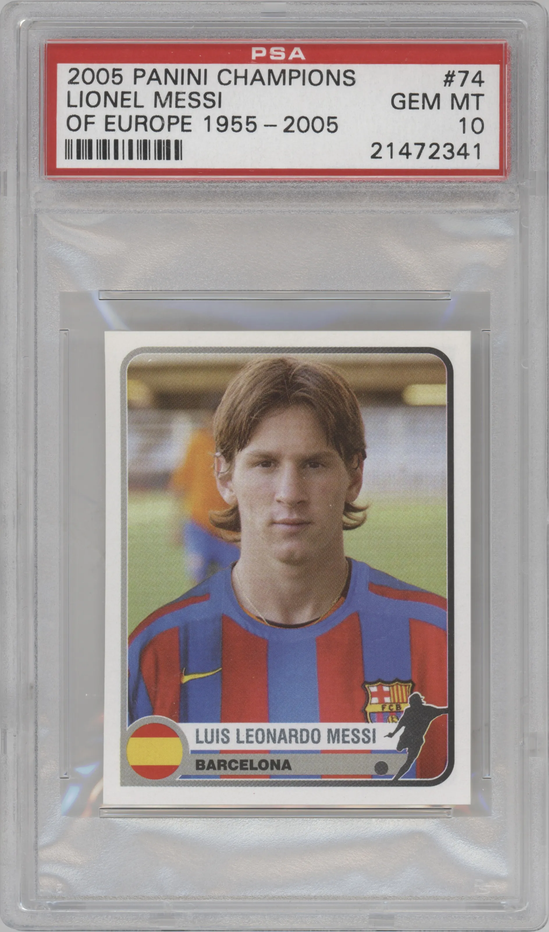 Luis Leonardo Messi from the 2005 Panini Champions of Europe 1955-2005 set graded by PSA and given an overall grade of 10.