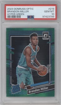 Brandon Miller from the 2023-24 Donruss Optic set featuring a Hyper Green parallel graded by PSA and given an overall grade of 10.