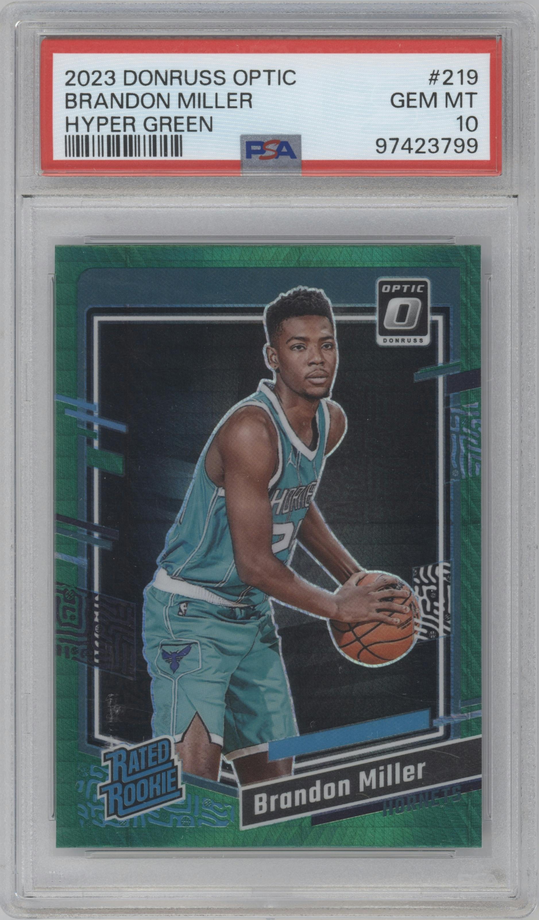 Brandon Miller from the 2023-24 Donruss Optic set featuring a Hyper Green parallel graded by PSA and given an overall grade of 10.