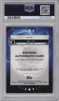 Bo Nix from the 2024 Topps Cosmic Chrome set featuring a Orange Galactic parallel graded by PSA and given an overall grade of 9.