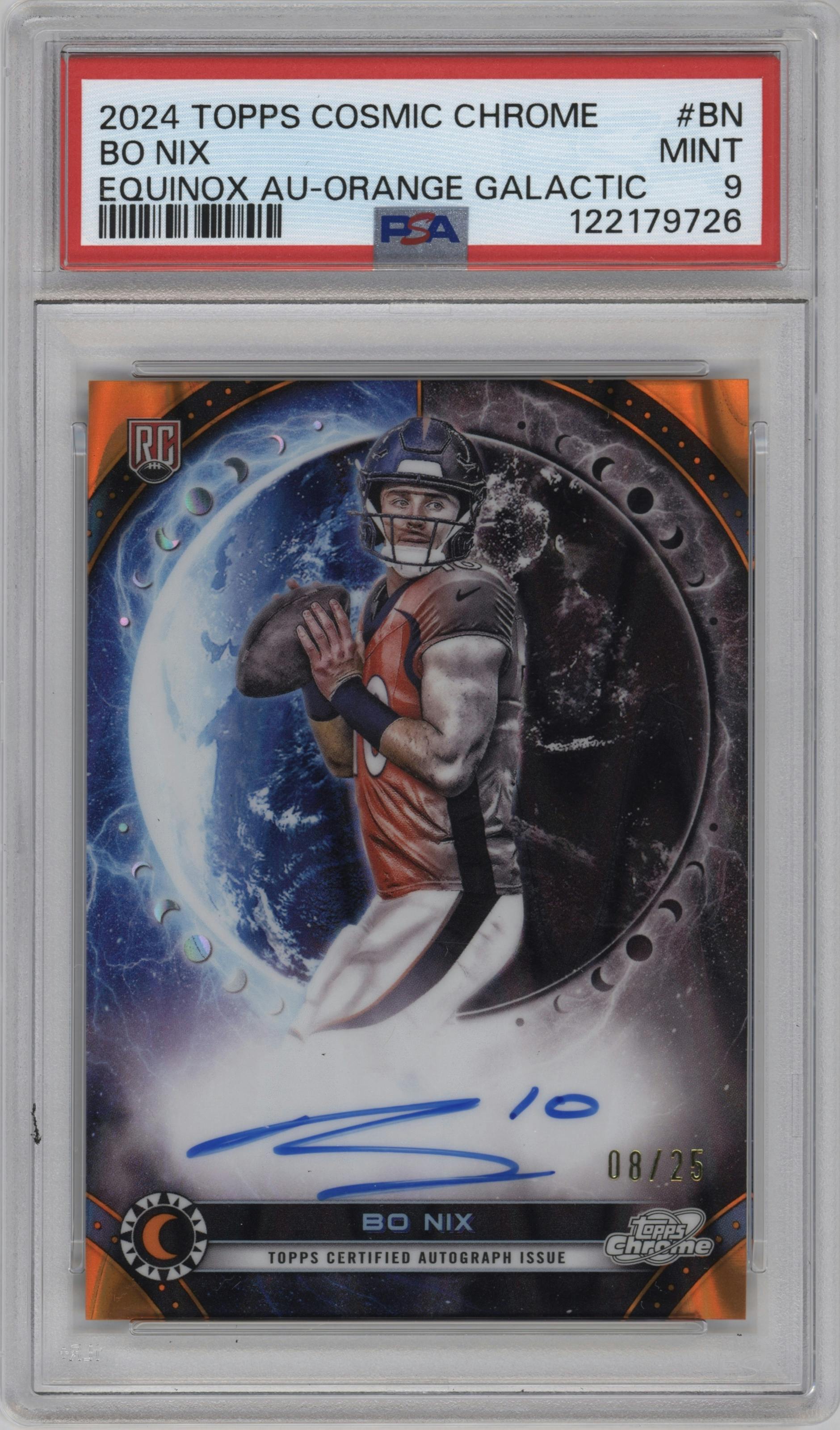 Bo Nix from the 2024 Topps Cosmic Chrome set featuring a Orange Galactic parallel graded by PSA and given an overall grade of 9.