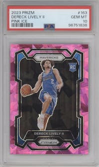 Dereck Lively II from the 2023-24 Panini Prizm set featuring a Pink Ice parallel graded by PSA and given an overall grade of 10.