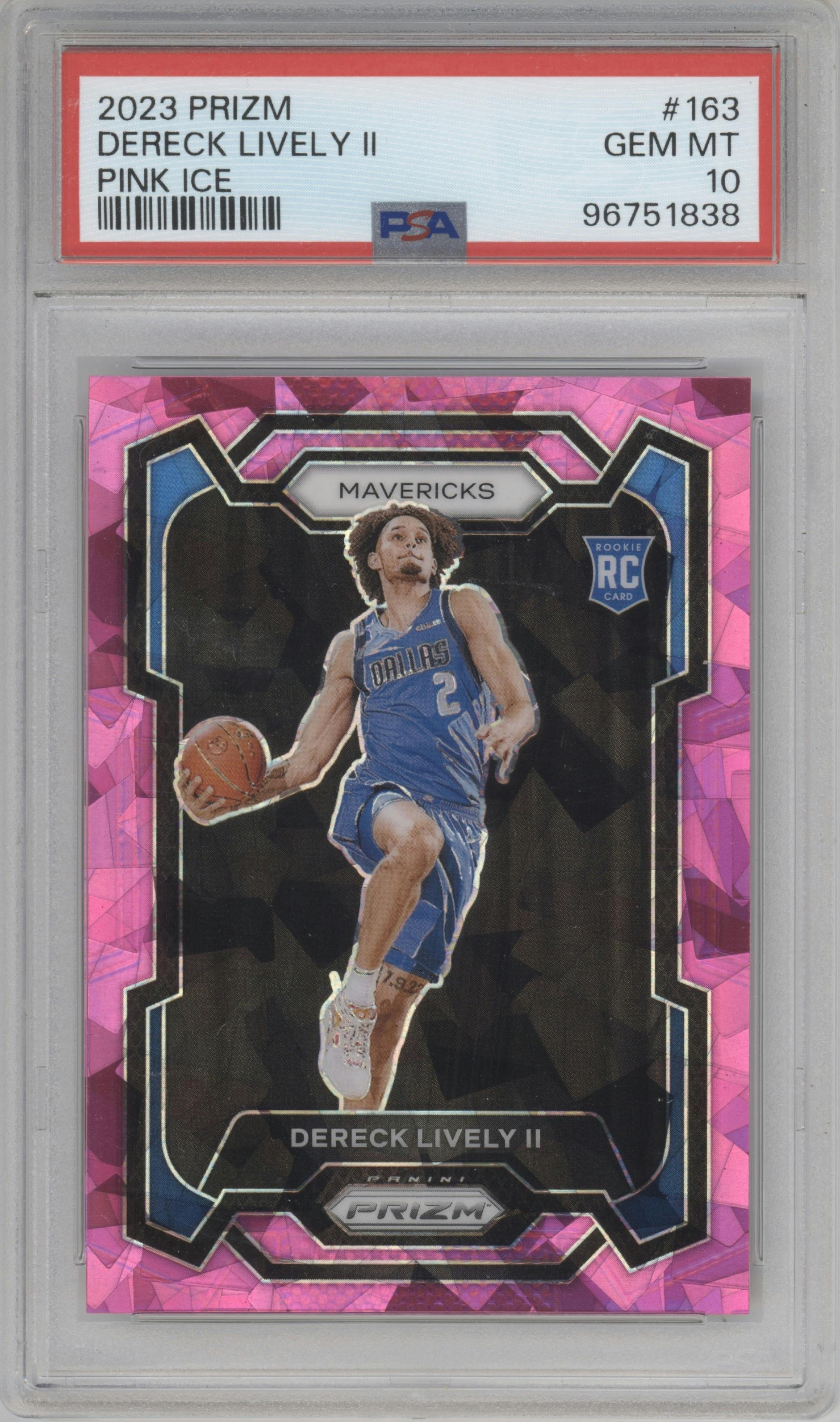 Dereck Lively II from the 2023-24 Panini Prizm set featuring a Pink Ice parallel graded by PSA and given an overall grade of 10.