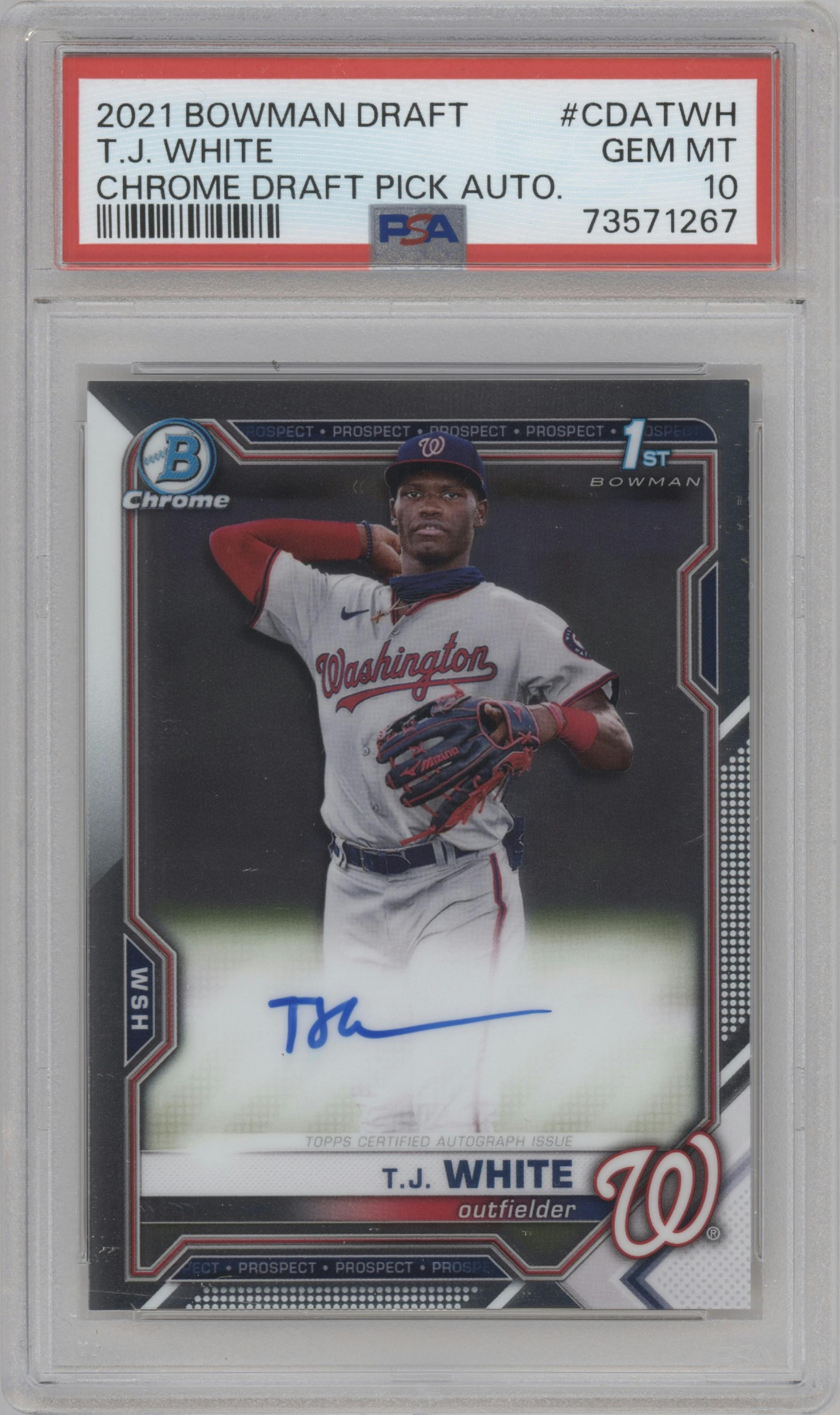 T.J. White from the 2021 Bowman Draft set graded by PSA and given an overall grade of 10.