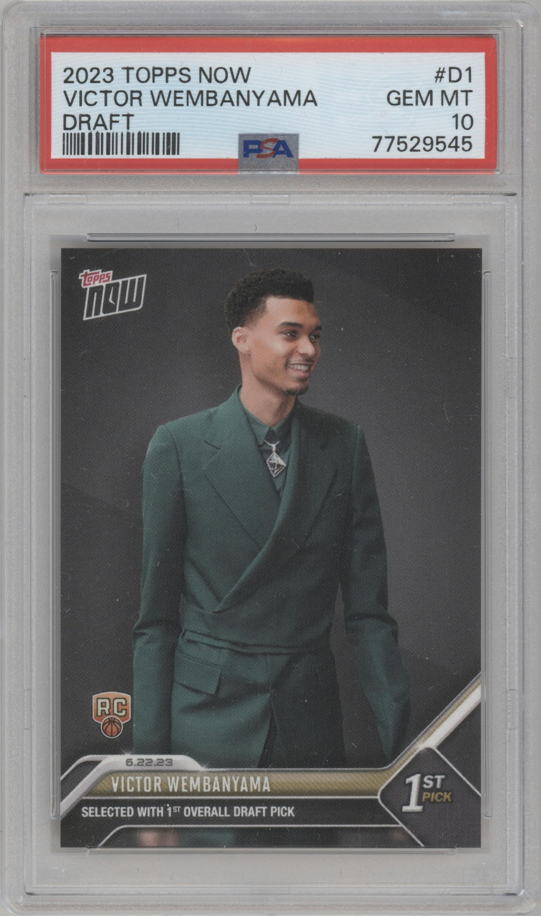 Victor Wembanyama from the 2023 Topps Now
 set graded by PSA and given an overall grade of 10.