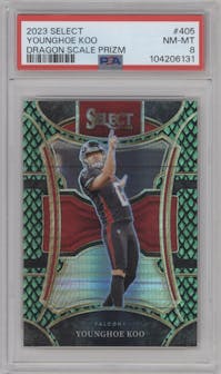 Younghoe Koo from the 2023 Panini Select set featuring a Dragon Scale parallel graded by PSA and given an overall grade of 8.