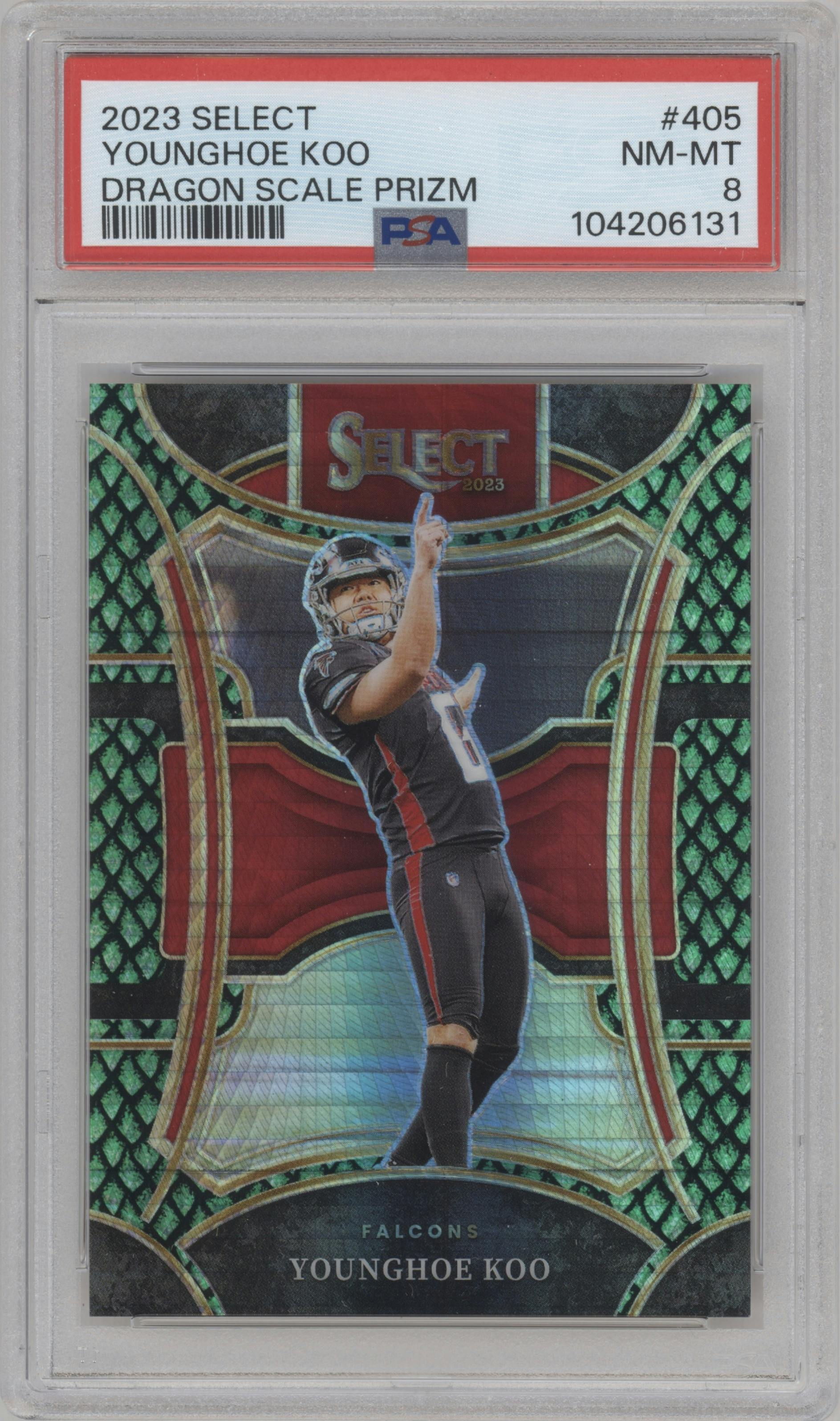 Younghoe Koo from the 2023 Panini Select set featuring a Dragon Scale parallel graded by PSA and given an overall grade of 8.