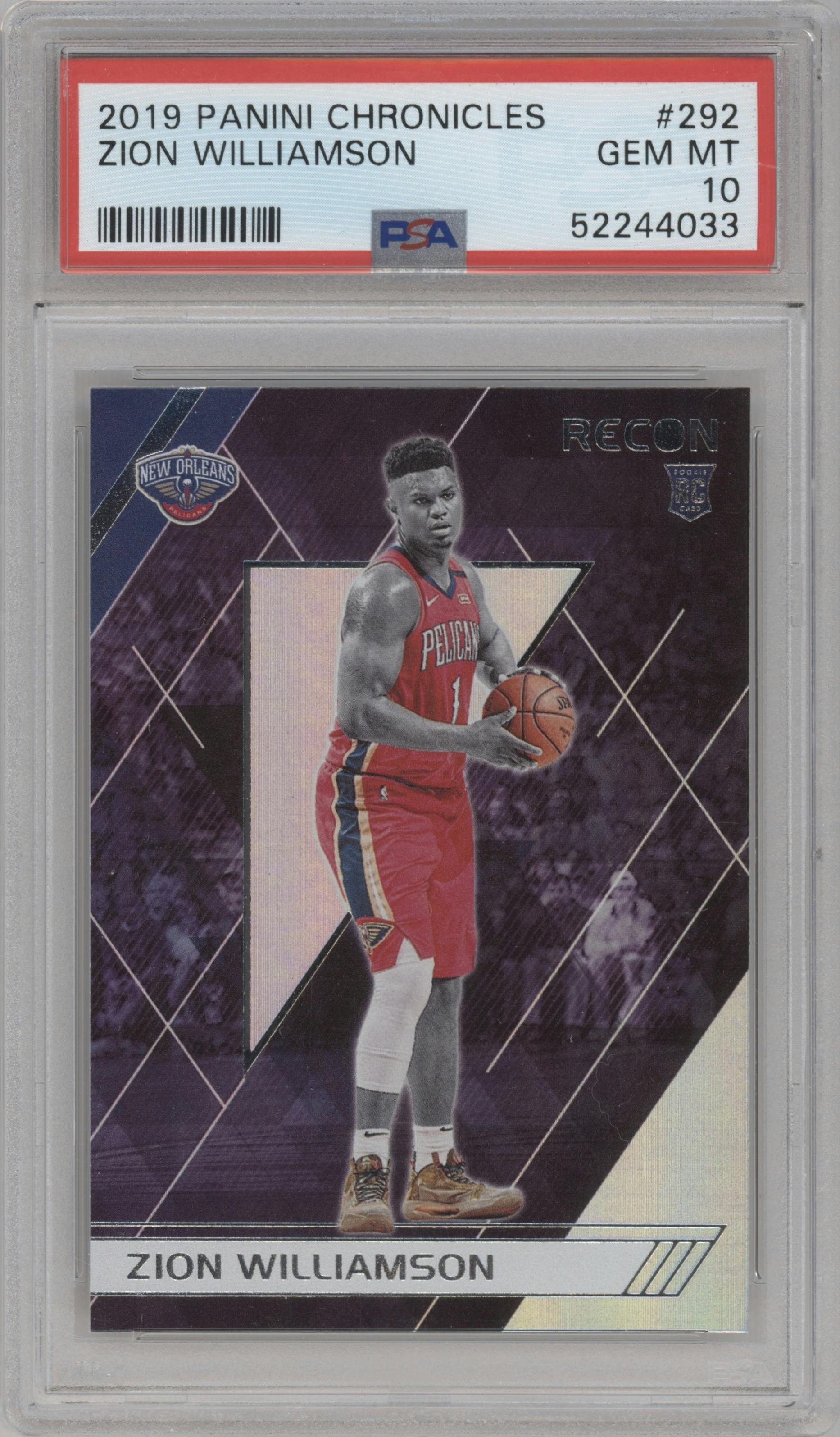 Zion Williamson from the 2019-20 Panini Chronicles  set graded by PSA and given an overall grade of 10.