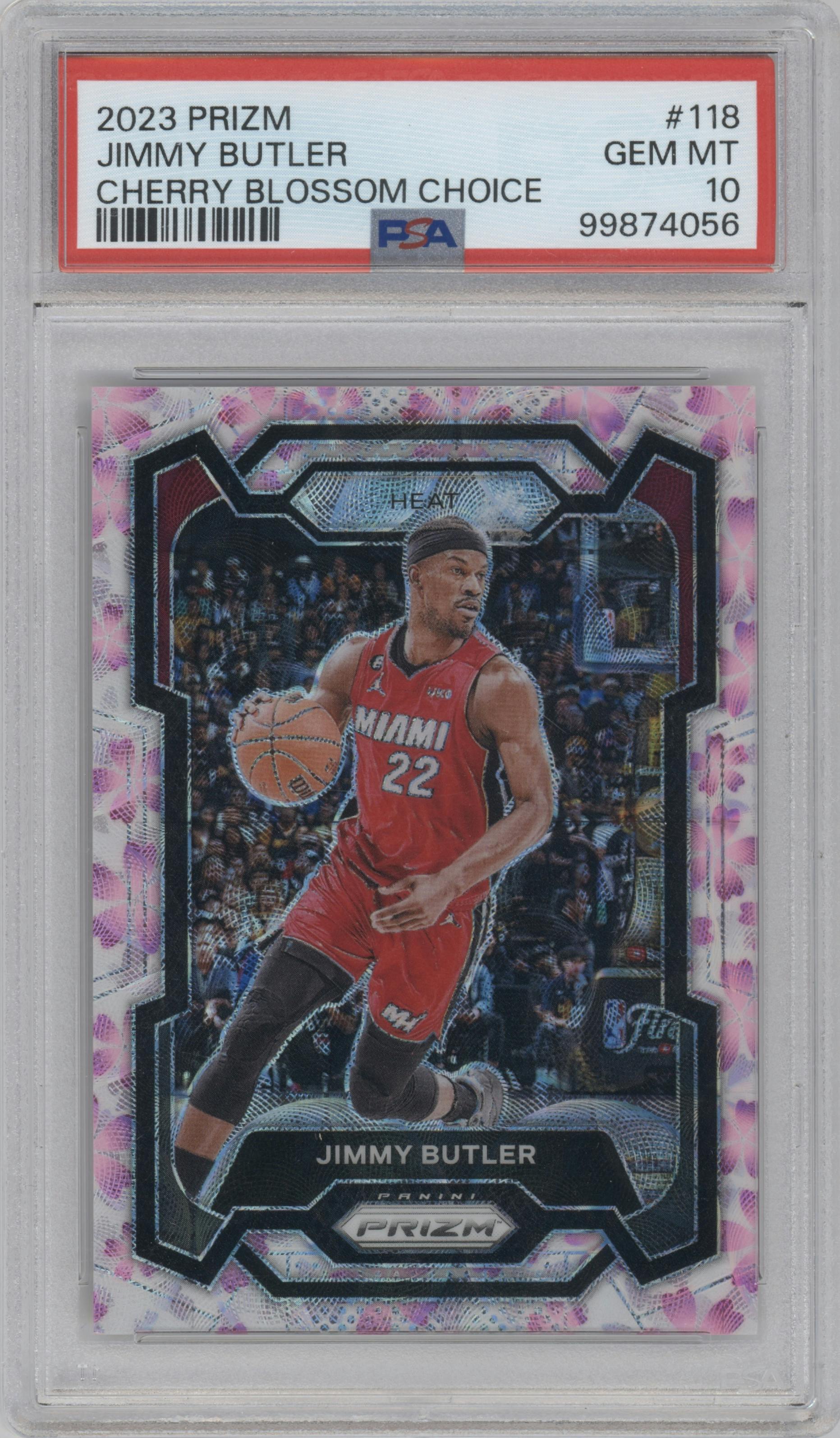 Jimmy Butler from the 2023-24 Panini Prizm set featuring a Choice Cherry Blossom parallel graded by PSA and given an overall grade of 10.