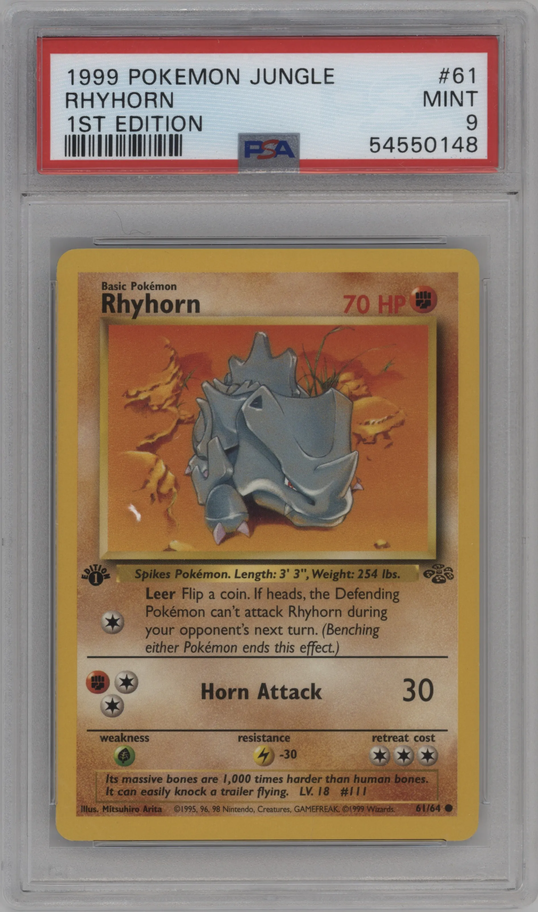 Rhyhorn from the 1999 Pokemon set graded by PSA and given an overall grade of 9.