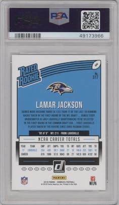 Lamar Jackson from the 2018 Panini Donruss set graded by PSA and given an overall grade of 10.
