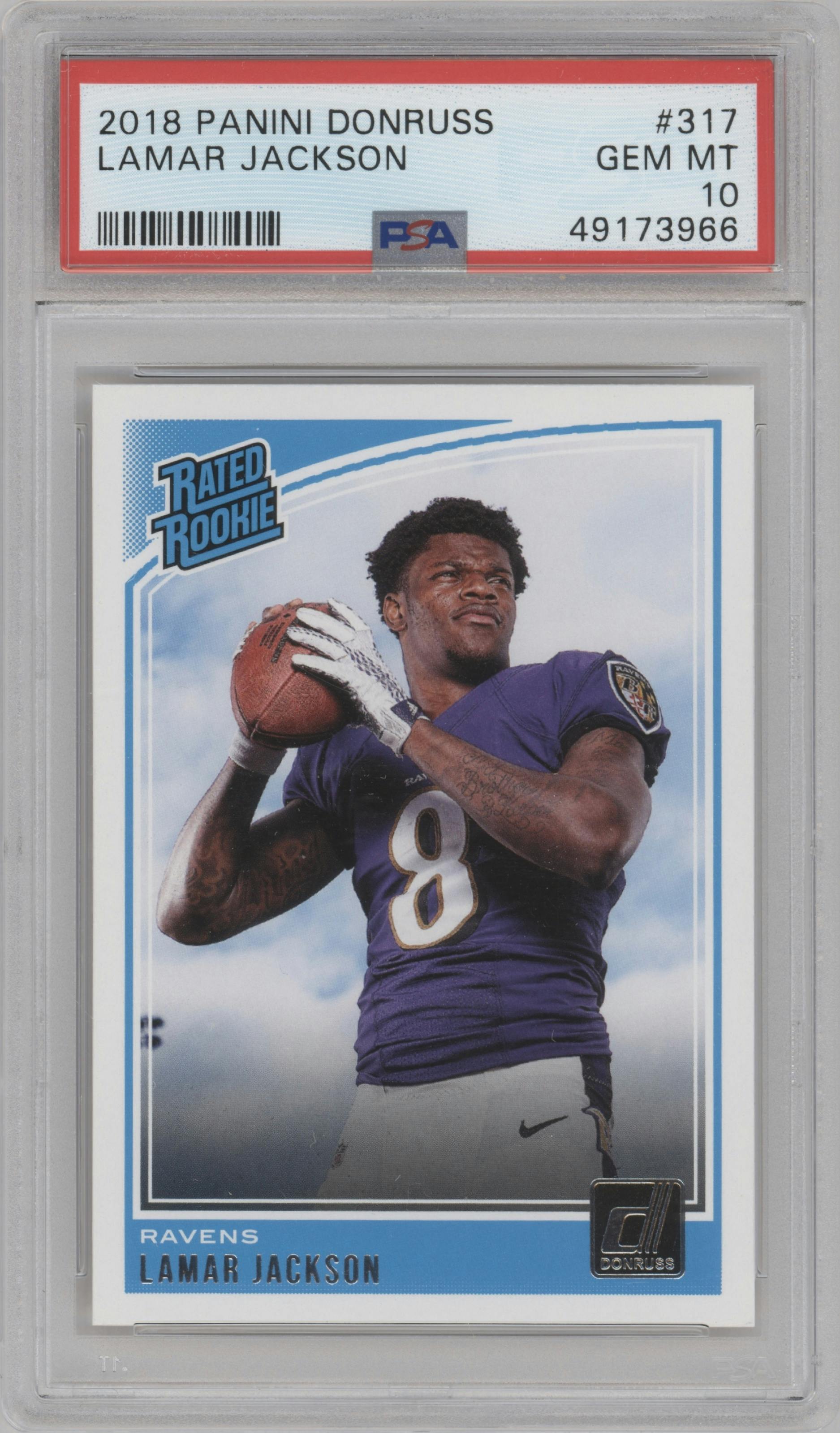 Lamar Jackson from the 2018 Panini Donruss set graded by PSA and given an overall grade of 10.