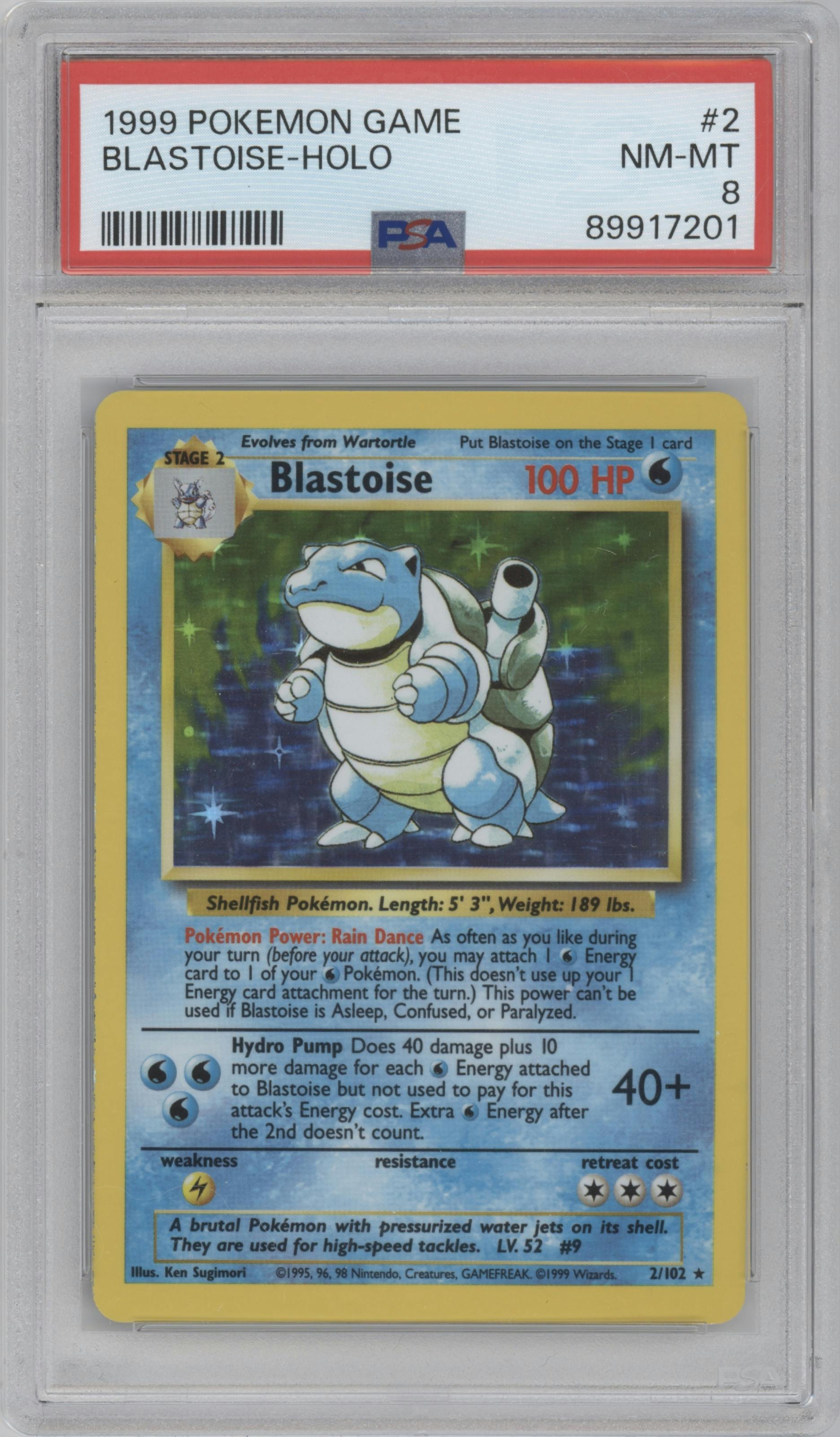 Blastoise from the 1999 Pokemon set graded by PSA and given an overall grade of 8.
