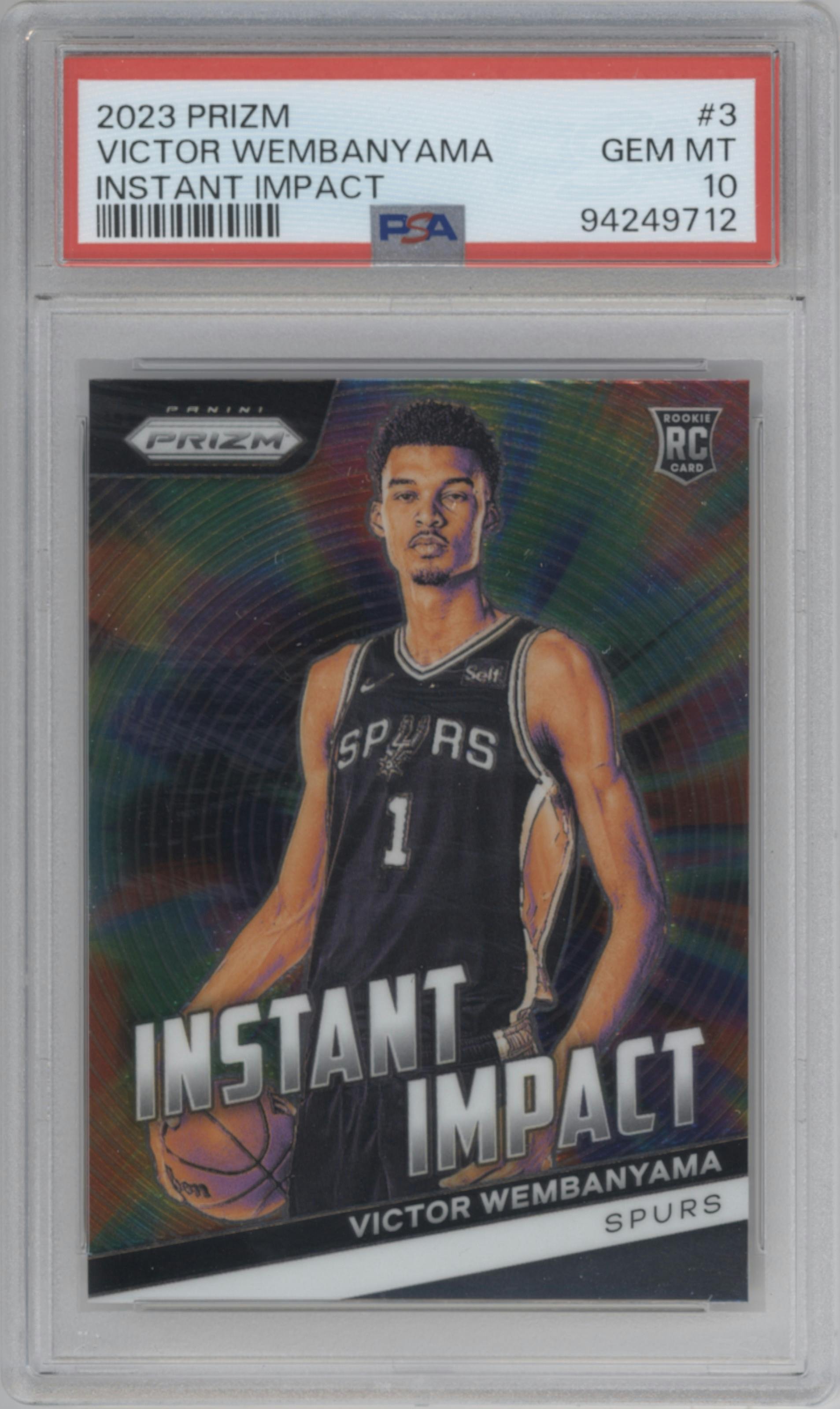 Victor Wembanyama from the 2023-24 Panini Prizm set graded by PSA and given an overall grade of 10.