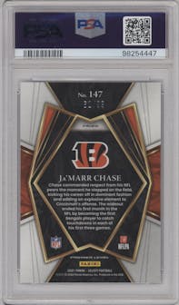 Ja'Marr Chase from the 2021 Panini Select set featuring a Light Blue Prizm parallel graded by PSA and given an overall grade of 9.