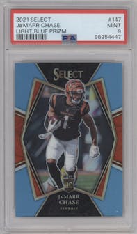 Ja'Marr Chase from the 2021 Panini Select set featuring a Light Blue Prizm parallel graded by PSA and given an overall grade of 9.