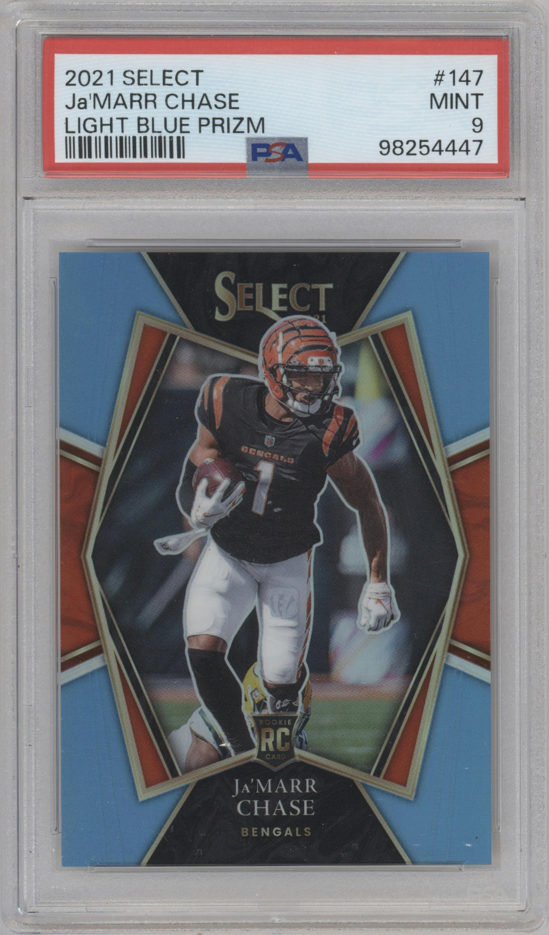 Ja'Marr Chase from the 2021 Panini Select set featuring a Light Blue Prizm parallel graded by PSA and given an overall grade of 9.