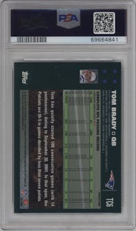 Tom Brady from the 2007 Topps Chrome set featuring a XFractor parallel graded by PSA and given an overall grade of 10.