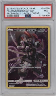 Armored Mewtwo from the 2019 Pokemon S&M  set featuring a 2019 Fall Collectors Chest parallel graded by PSA and given an overall grade of 9.