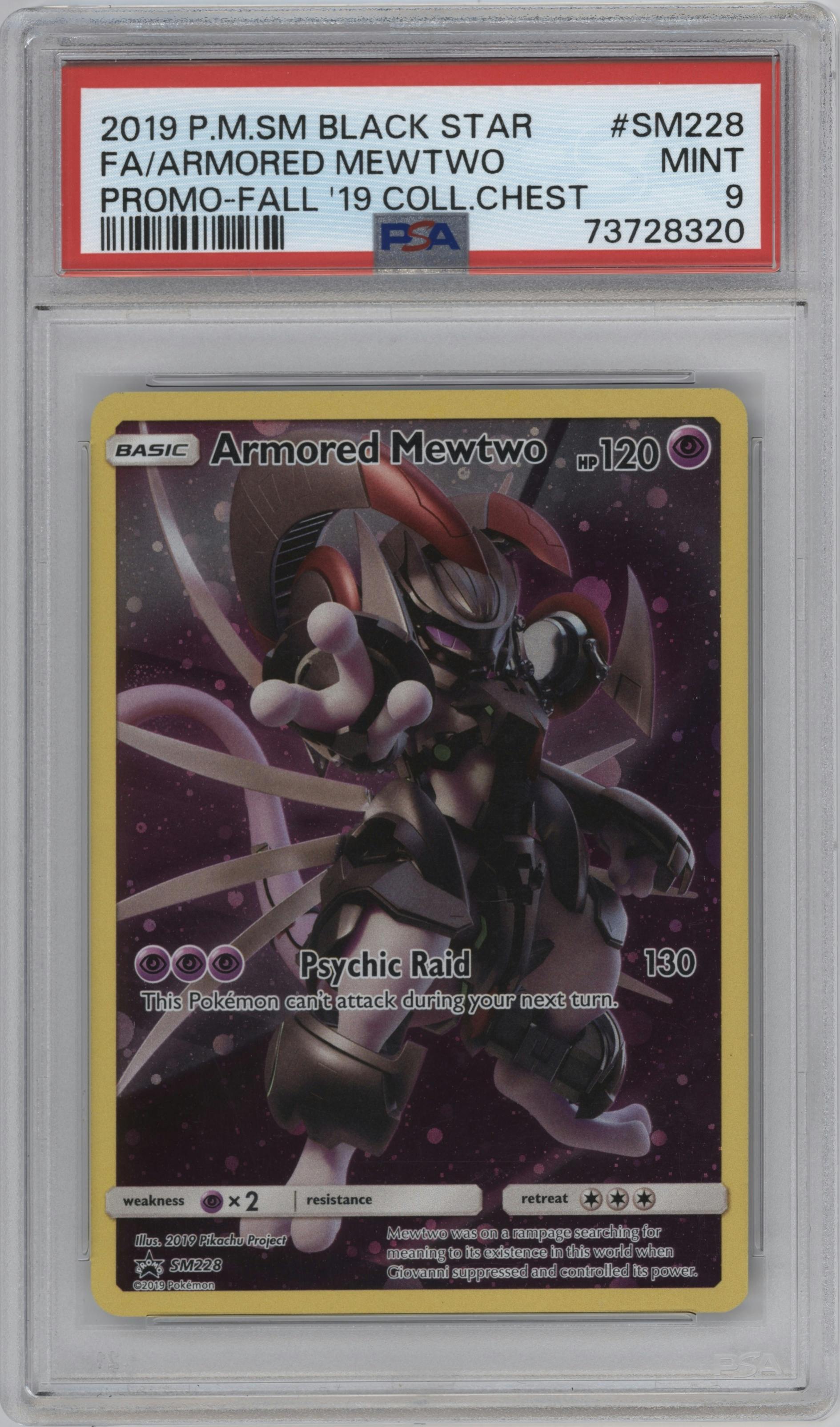 Armored Mewtwo from the 2019 Pokemon S&M  set featuring a 2019 Fall Collectors Chest parallel graded by PSA and given an overall grade of 9.