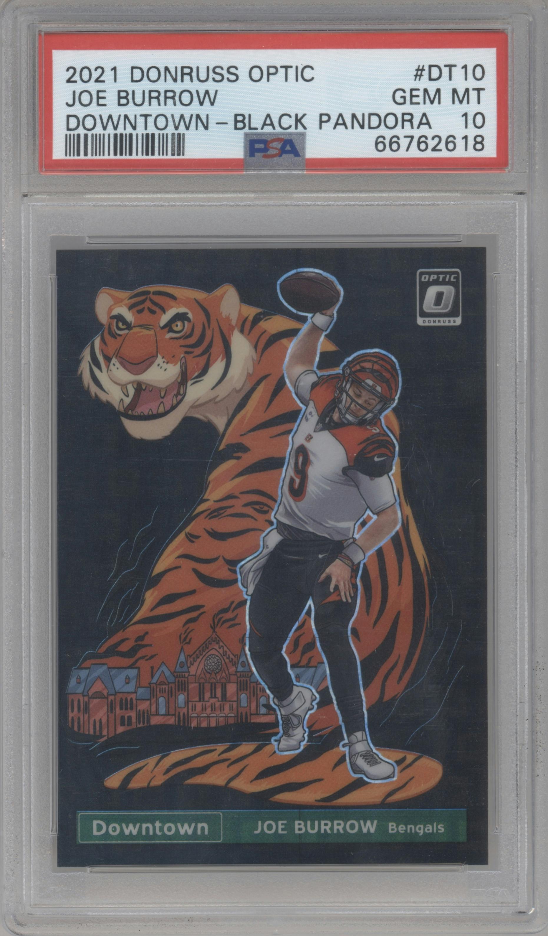 Joe Burrow from the 2021 Panini Donruss Optic set featuring a Black Pandora parallel graded by PSA and given an overall grade of 10.