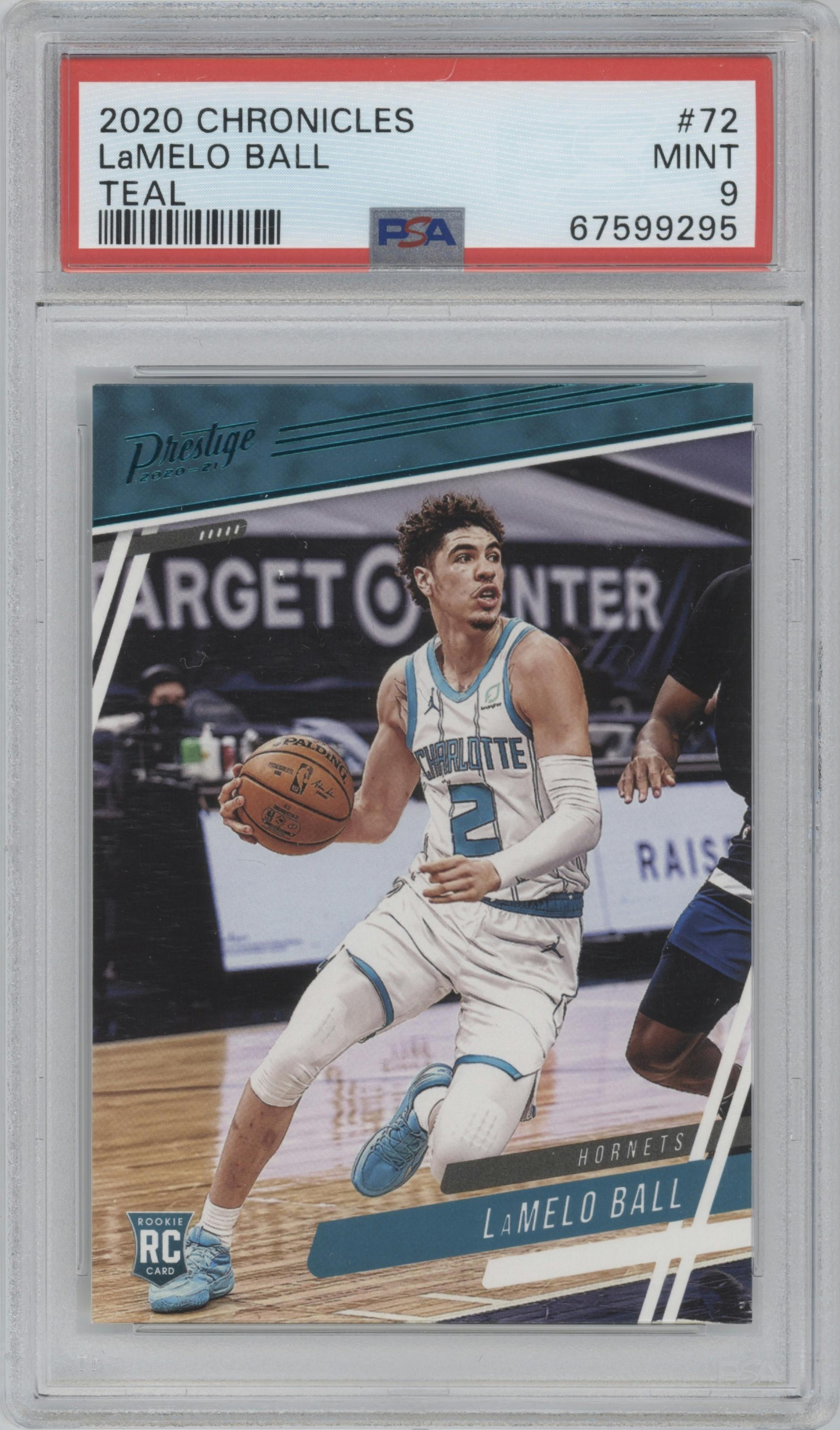 LaMelo Ball from the 2020-21 Panini Chronicles set featuring a Teal parallel graded by PSA and given an overall grade of 9.