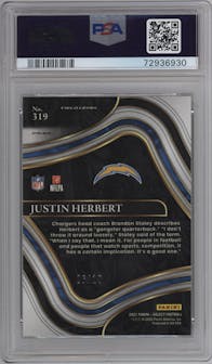 Justin Herbert from the 2021 Panini Select set featuring a Gold Prizm parallel graded by PSA and given an overall grade of 9.
