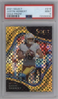 Justin Herbert from the 2021 Panini Select set featuring a Gold Prizm parallel graded by PSA and given an overall grade of 9.