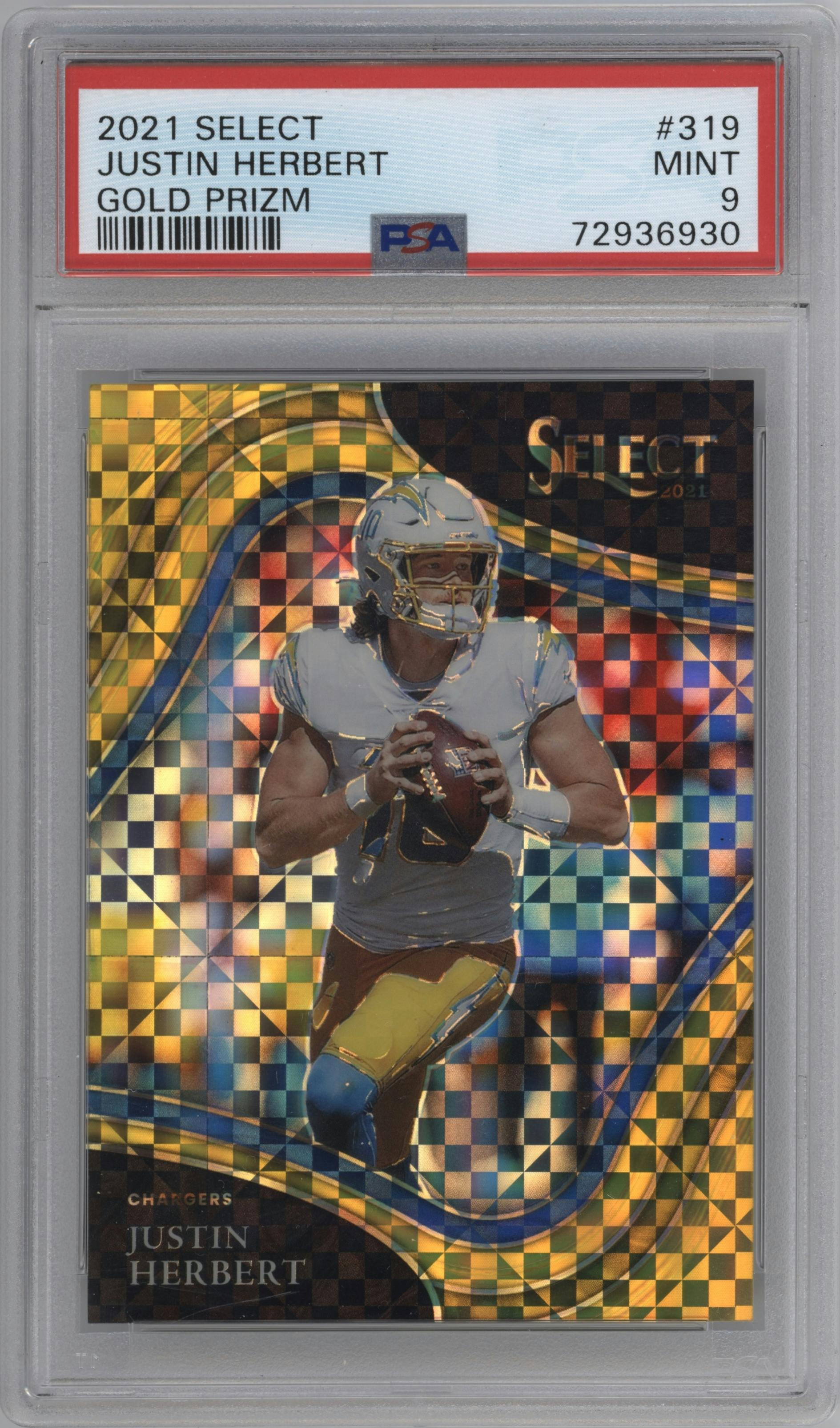 Justin Herbert from the 2021 Panini Select set featuring a Gold Prizm parallel graded by PSA and given an overall grade of 9.