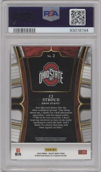 C.J. Stroud from the 2023 Panini Select Draft Picks set featuring a Blue Retail parallel graded by PSA and given an overall grade of 10.