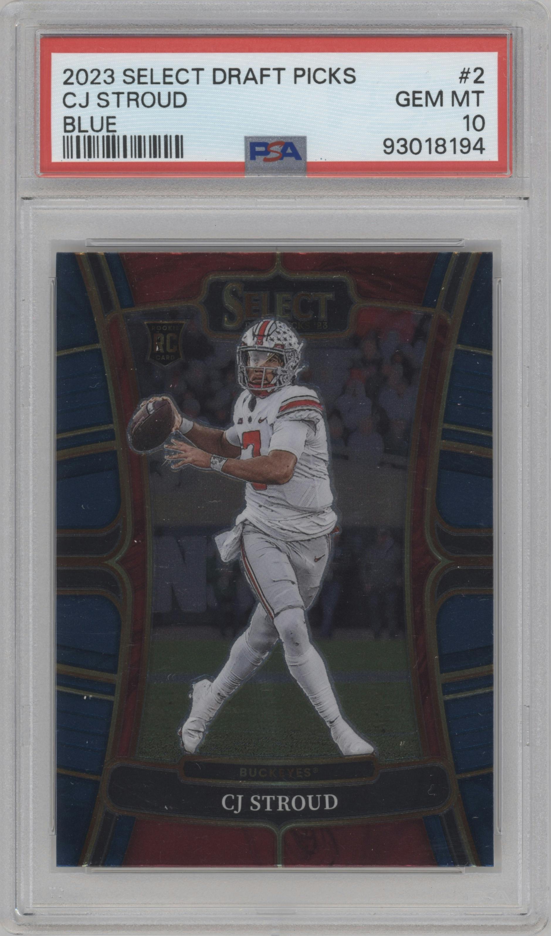 C.J. Stroud from the 2023 Panini Select Draft Picks set featuring a Blue Retail parallel graded by PSA and given an overall grade of 10.