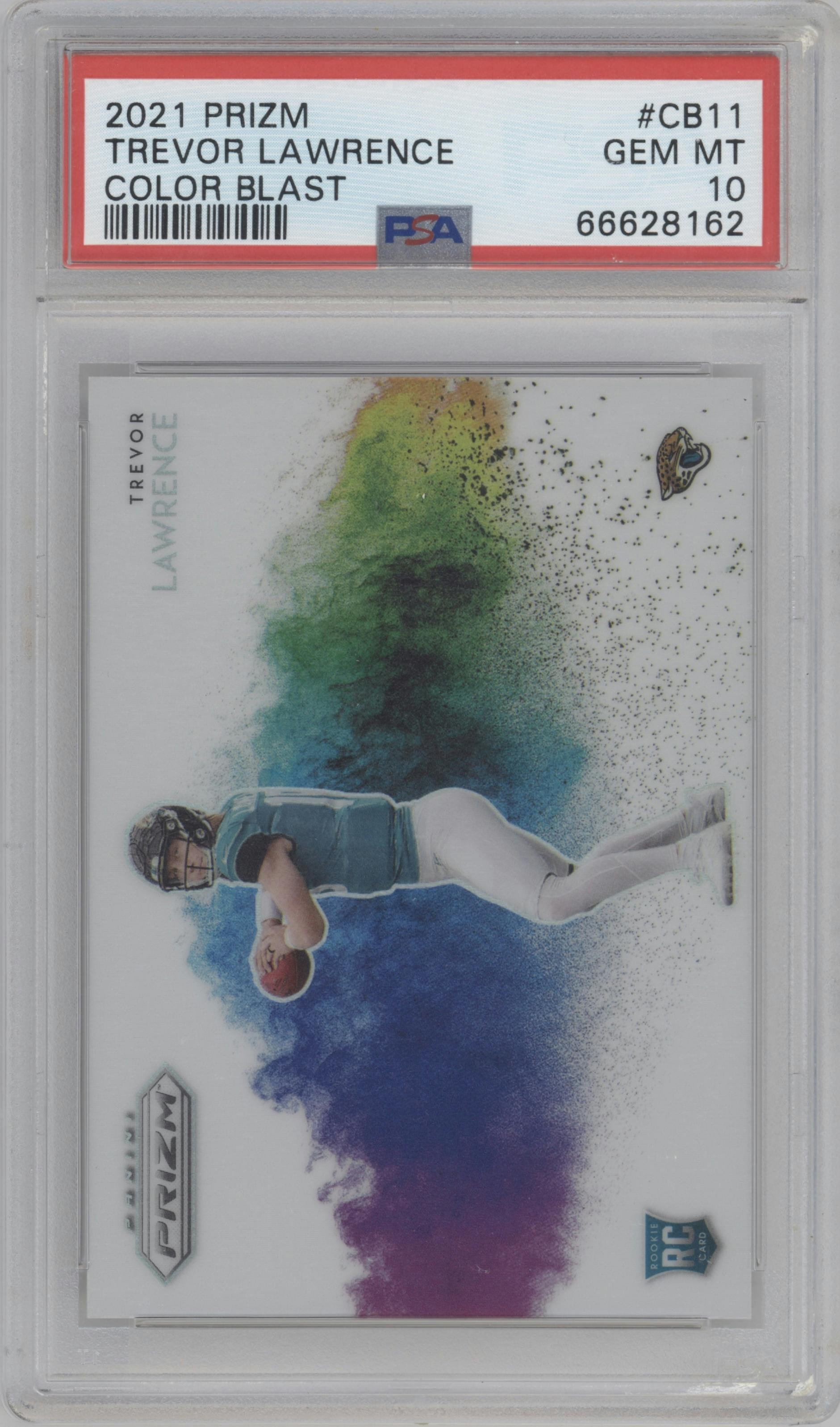 Trevor Lawrence from the 2021 Panini Prizm set graded by PSA and given an overall grade of 10.