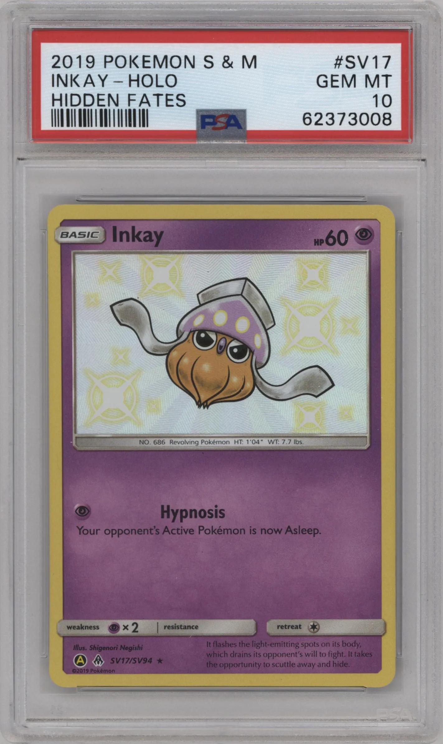 2019 Pokemon S&M Hidden Fates Inkay #SV17 PSA 10