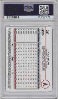 Mike Trout  from the 2024 Topps Chrome set featuring a Gold Wave Refractor parallel graded by PSA and given an overall grade of 10.