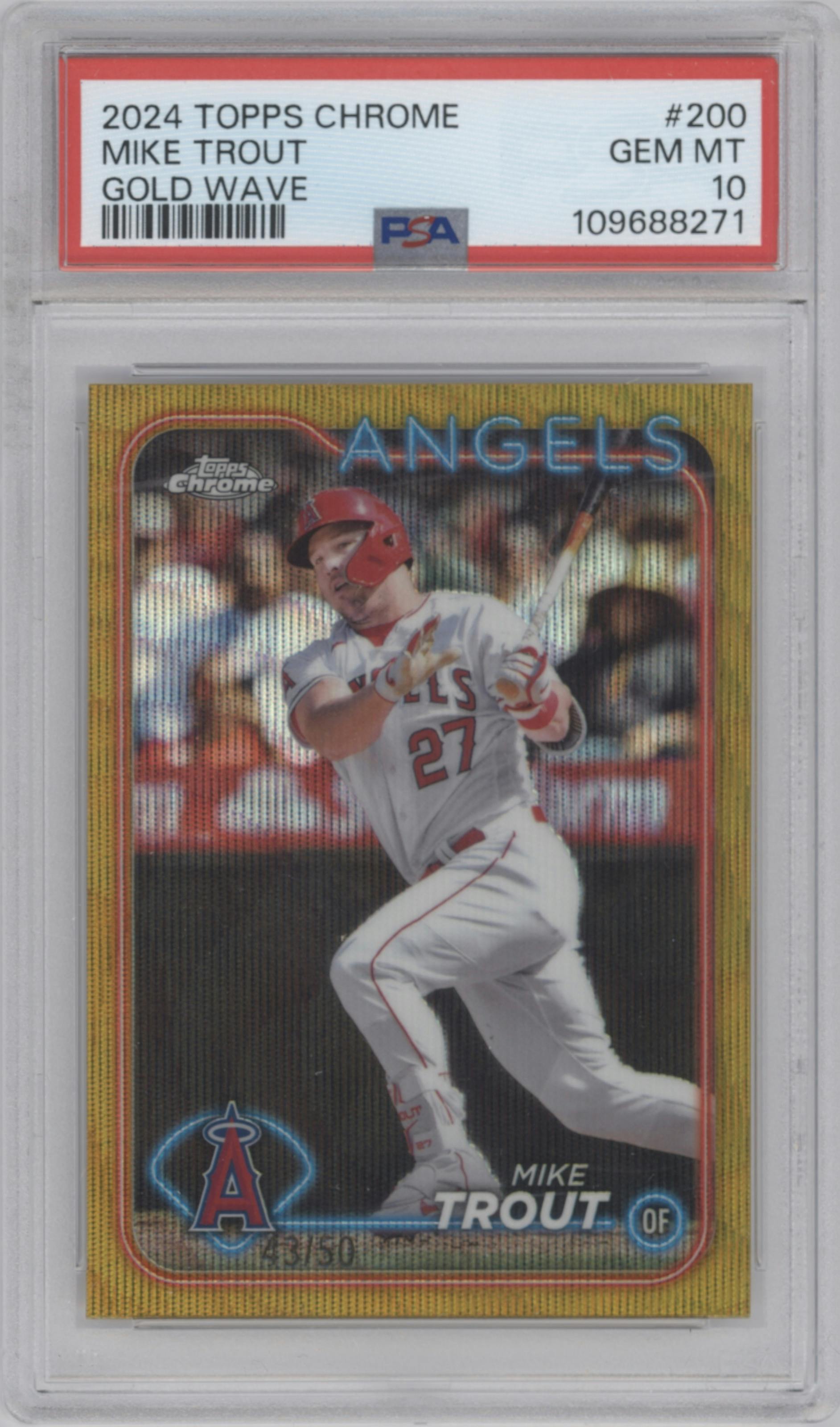 Mike Trout  from the 2024 Topps Chrome set featuring a Gold Wave Refractor parallel graded by PSA and given an overall grade of 10.