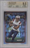Drake Maye from the 2024 Topps Chrome set featuring a Prism Refractor parallel graded by Beckett and given an overall grade of 9.5.
