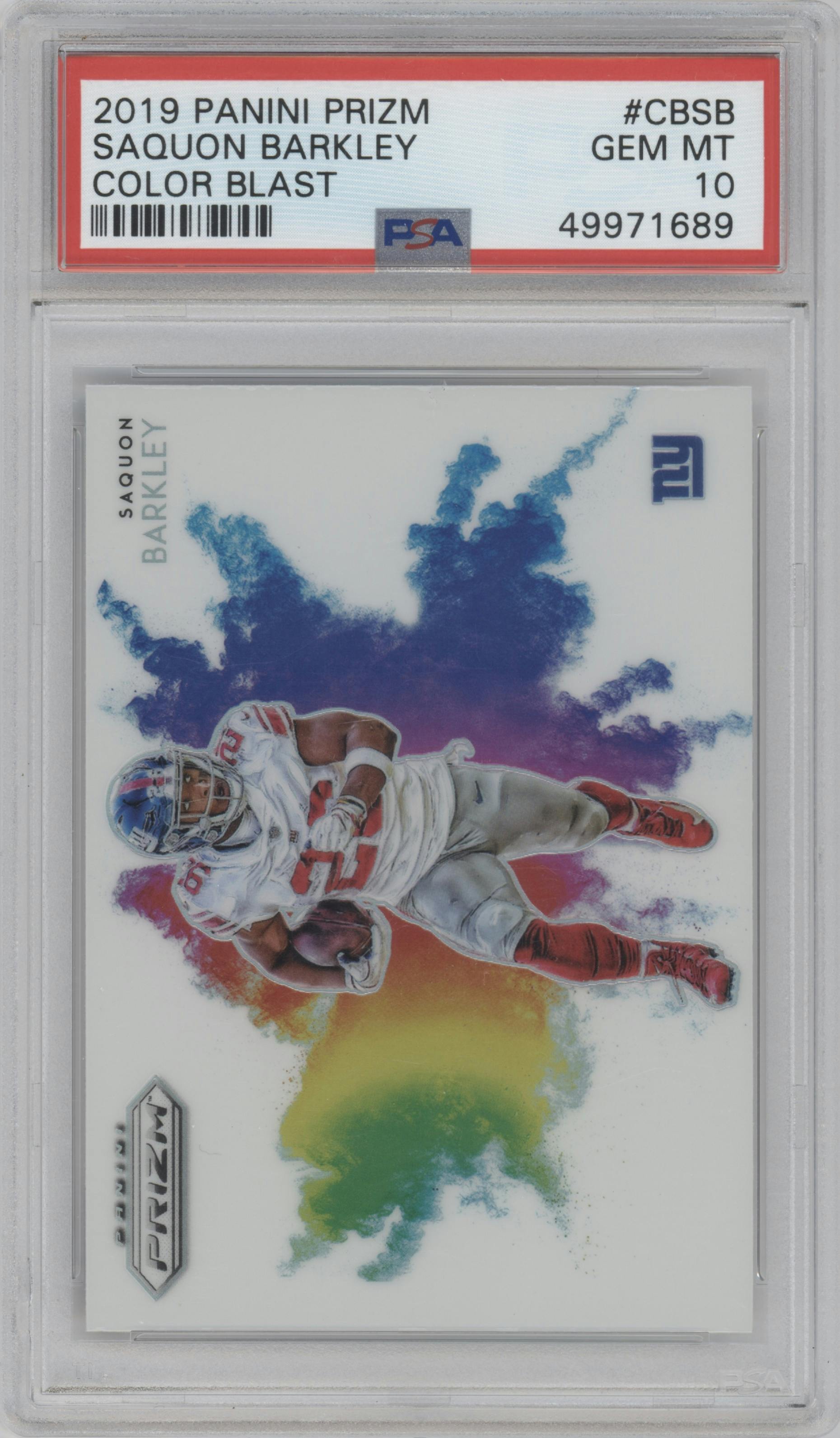 Saquon Barkley from the 2019 Panini Prizm set graded by PSA and given an overall grade of 10.