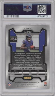 Zay Flowers from the 2023 Panini Prizm set featuring a Pink Prizm parallel graded by PSA and given an overall grade of 10.