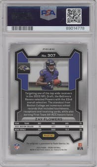 Zay Flowers from the 2023 Panini Prizm set featuring a Pink Prizm parallel graded by PSA and given an overall grade of 10.