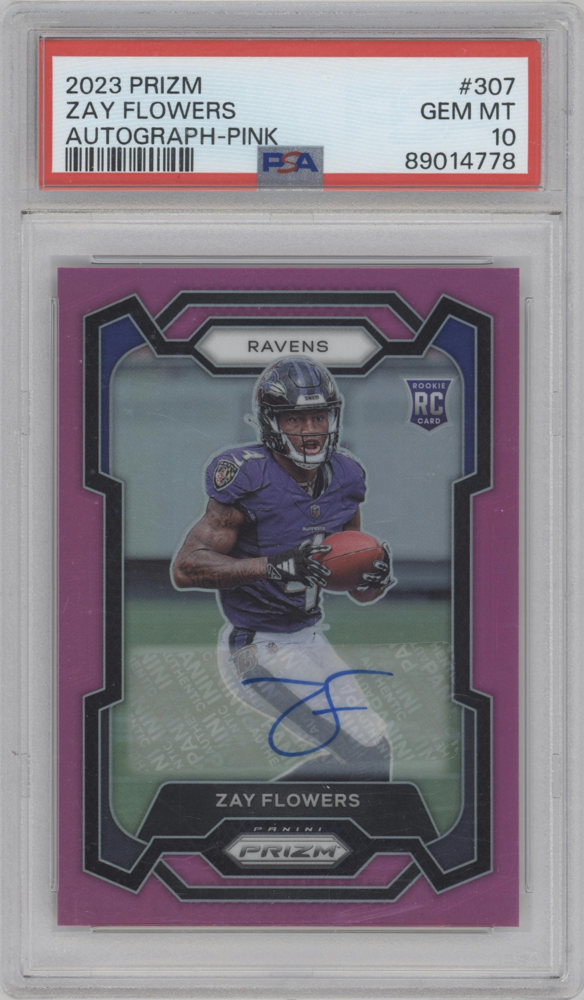 Zay Flowers from the 2023 Panini Prizm set featuring a Pink Prizm parallel graded by PSA and given an overall grade of 10.