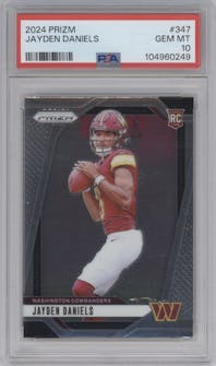 Jayden Daniels from the 2024 Panini Prizm set graded by PSA and given an overall grade of 10.