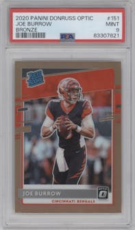 Joe Burrow from the 2020 Panini Donruss Optic set featuring a Bronze parallel graded by PSA and given an overall grade of 9.
