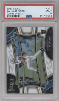 Jahmyr Gibbs from the 2023 Panini Select set featuring a White Prizm parallel graded by PSA and given an overall grade of 9.