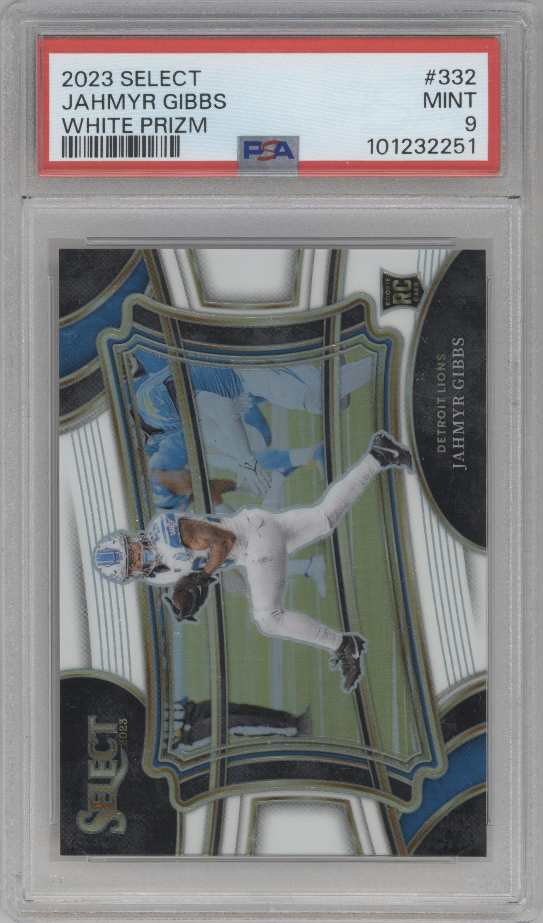 Jahmyr Gibbs from the 2023 Panini Select set featuring a White Prizm parallel graded by PSA and given an overall grade of 9.