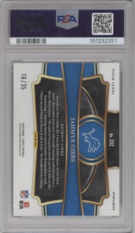 Jahmyr Gibbs from the 2023 Panini Select set featuring a White Prizm parallel graded by PSA and given an overall grade of 9.