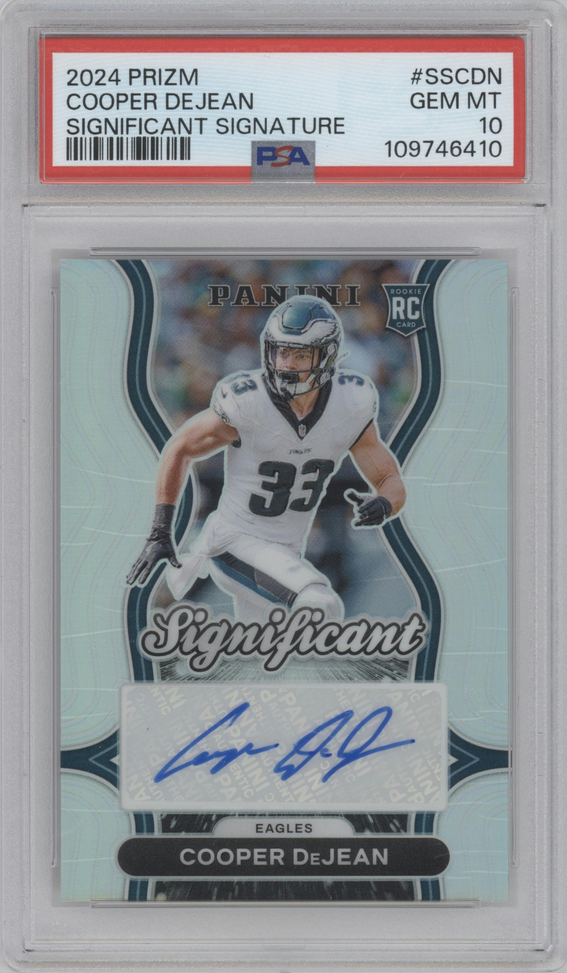Cooper DeJean  from the 2024 Panini Prizm set graded by PSA and given an overall grade of 10.