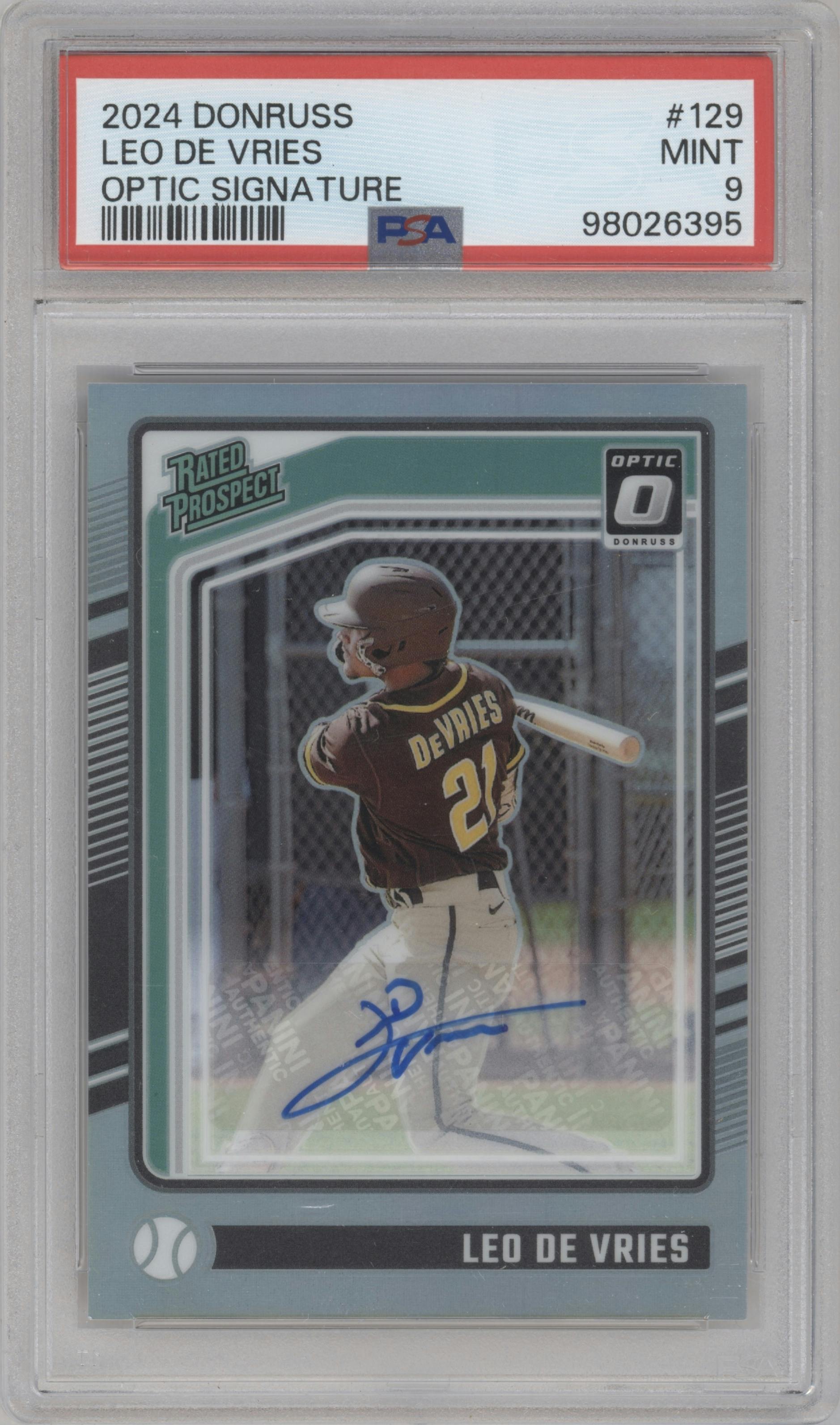 Leo De Vries from the 2024 Panini Donruss set graded by PSA and given an overall grade of 9.