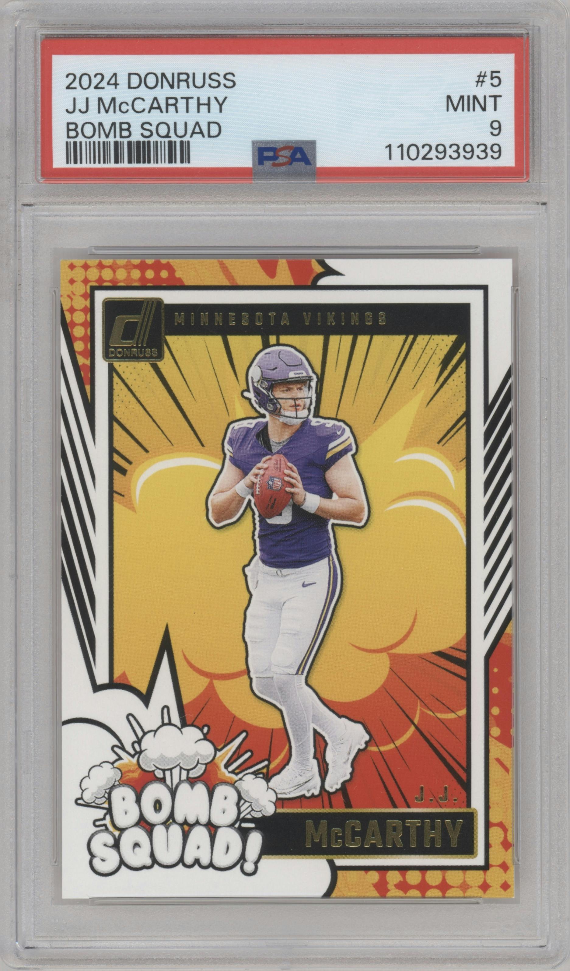 J.J. McCarthy from the 2024 Donruss set graded by PSA and given an overall grade of 9.