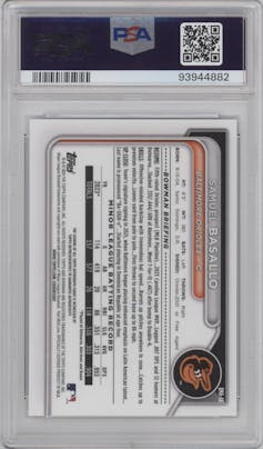 Samuel Basallo from the 2024 Bowman Mega Box set graded by PSA and given an overall grade of 10.