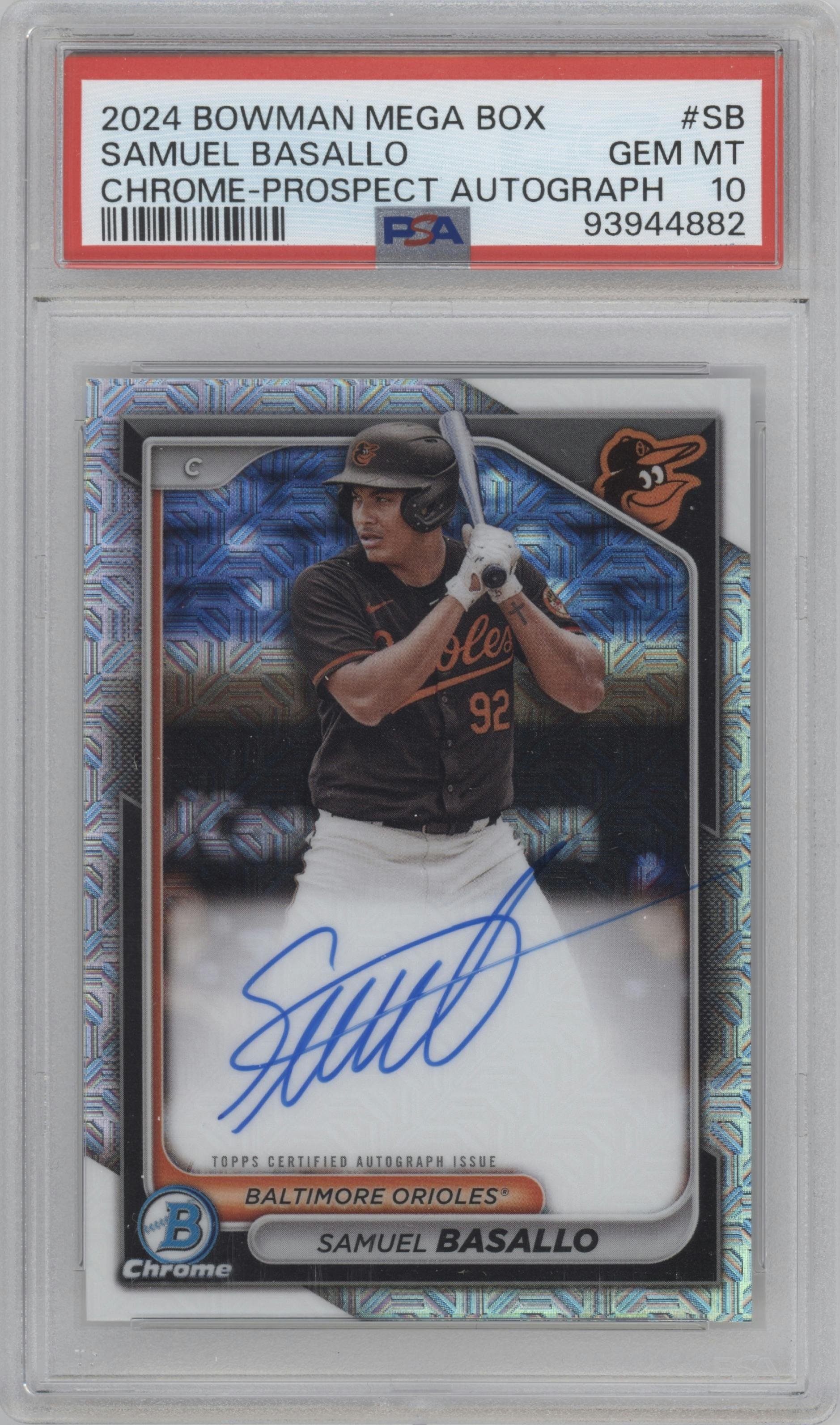 Samuel Basallo from the 2024 Bowman Mega Box set graded by PSA and given an overall grade of 10.